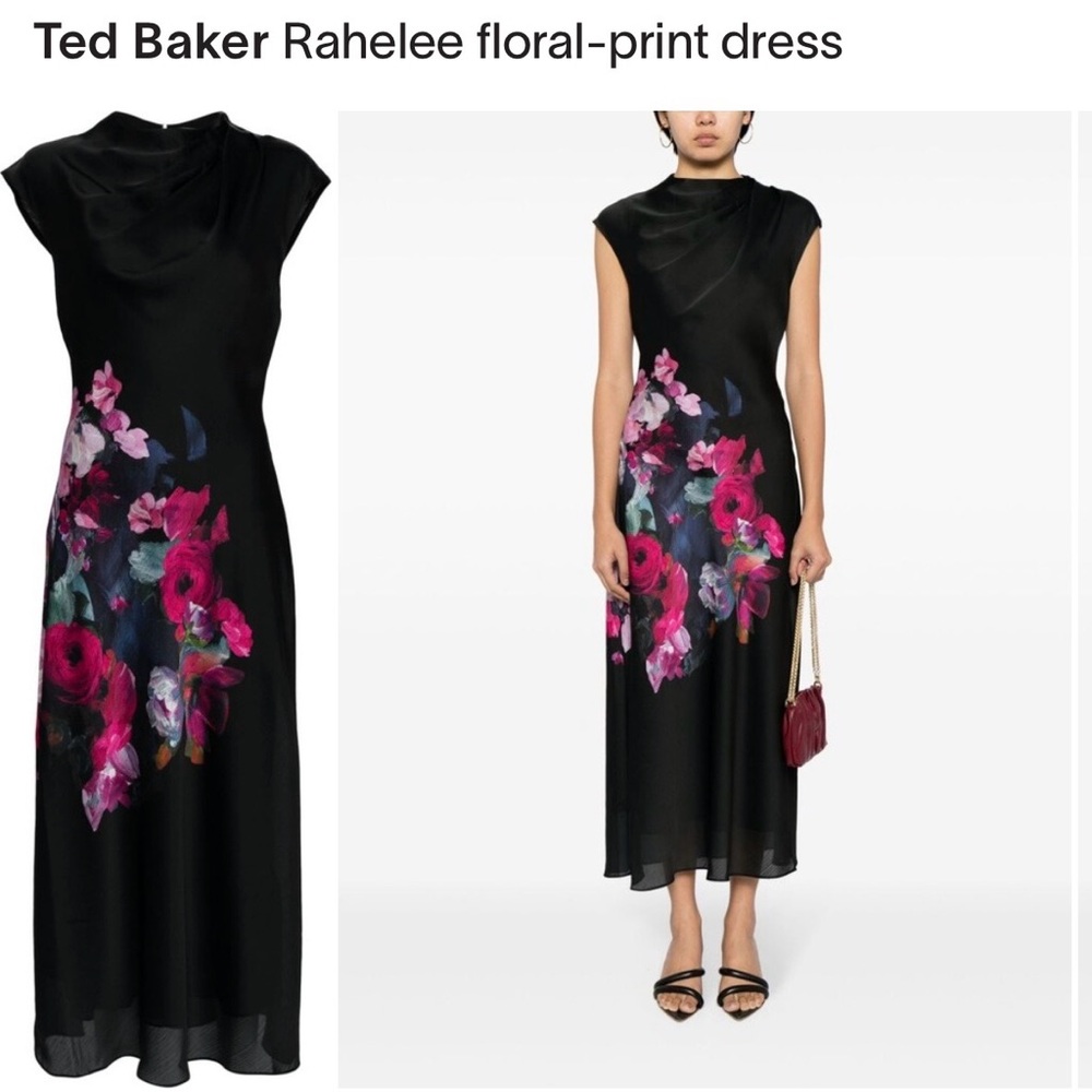 Ted Baker London Black and Pink Floral Midi Dress